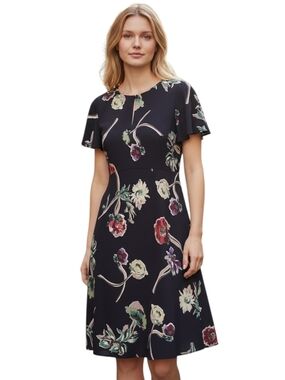 Maeve Anthropologie Geoplanes Navy Floral Flutter Sleeve Sheath Dress Size 4